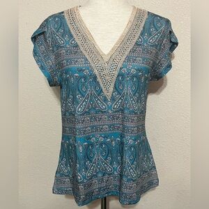 ETCYY Paisley Floral All Over Print V Neck Short Petal Cap Sleeve Top